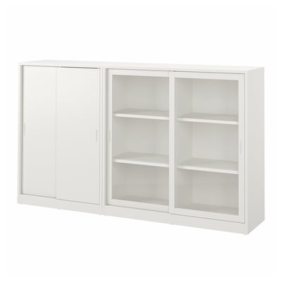 TONSTAD off-white bookshelf, sliding doors, adjustable shelves, minimalist design.