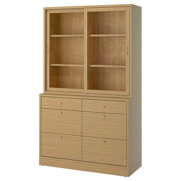 Wooden storage unit: natural oak, six drawers, three shelves, sliding glass doors.