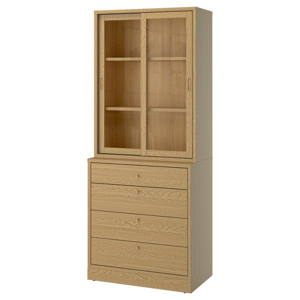 Mahon display cabinet: light oak, wood, rectangular, sliding glass doors, 3 shelves, 4-drawer chest.