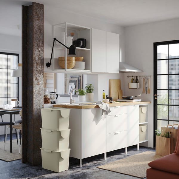 TRÖSKNING Bin with lid, light beige, 25 l