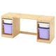 TROFAST table with purple bins. Light wood, rectangular shape, two shelves each with two bins. Simple and functional design.