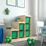 TROFAST storage in pine wood and green plastic, perfectly sized for kids rooms, organising toys and games.