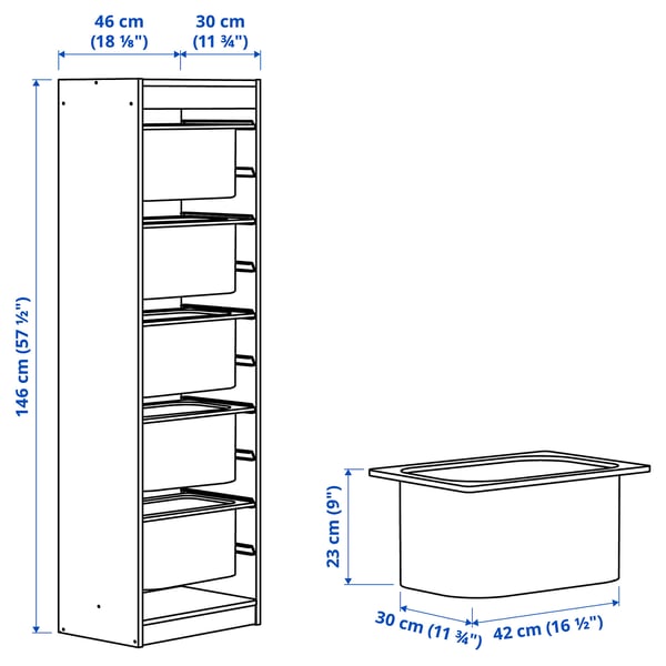 TROFAST Storage combination with boxes, white/grey, 46x30x146 cm