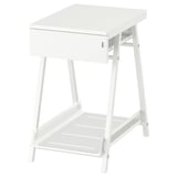 A white TROTTEN storage unit with a lockable drawer and a metal mesh shelf. It has a slim, a-shaped frame, ideal for small spaces.