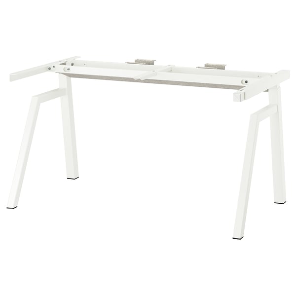 A white TROTTEN adjustable desk frame. It has a rectangular shape with four metal legs and height adjustment.