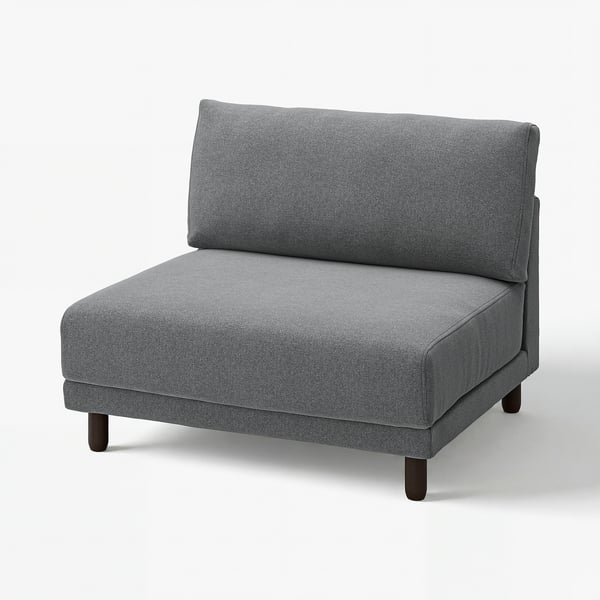Single grey fabric armchair, wooden legs, modern design.