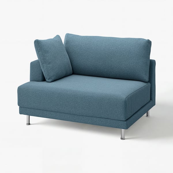 UPPÅKRA blue sofa. Modern, l-shaped, with two cushions, on chrome legs.