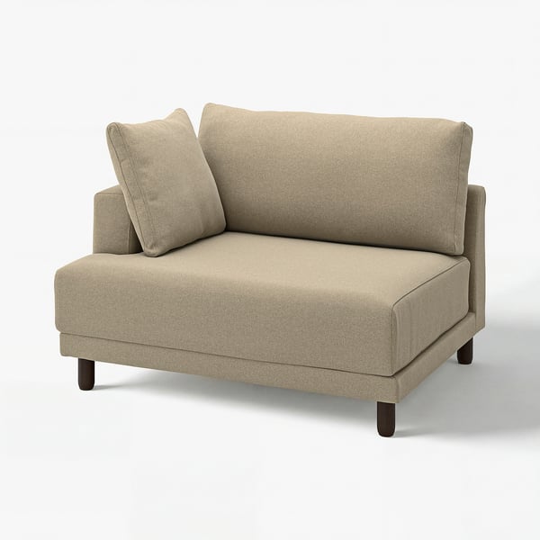 Beige sofa, modern & cosy, l-shaped cushions, wooden legs, 10-year guarantee.