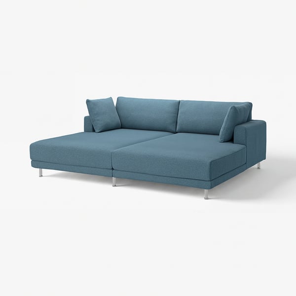 Blue UPPÅKRA sofa, modern design, with deep cushions and chrome legs.