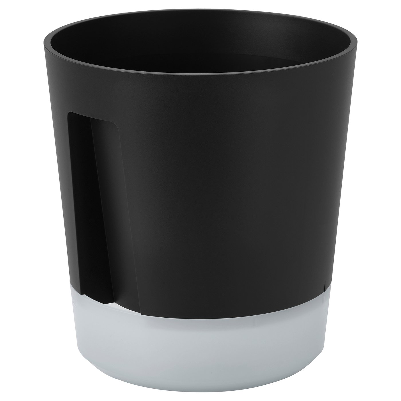 Black and white self-watering planter with handle and frosted base. Modern, cylindrical design, ideal for indoor plants.