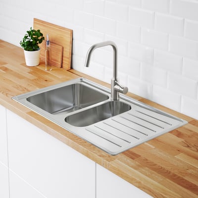 VATTUDALEN Inset sink, 1 ½ bowl w drainboard, stainless steel, 88x53 cm