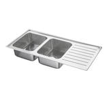 A VATTUDALEN sink. It is rectangular, made of stainless steel, and has two bowls and a drainboard on the right. Its silver in colour.