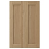 Two wooden cabinet doors in natural oak, featuring a simple design with a sturdy frame and veneer panels.