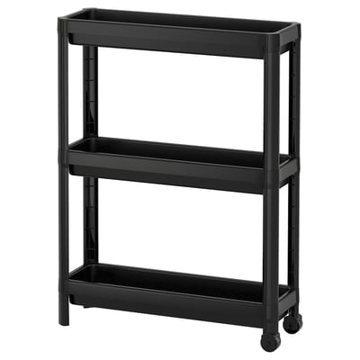 Black VESKEN 3-tier cart, recycled plastic, 4 wheels.