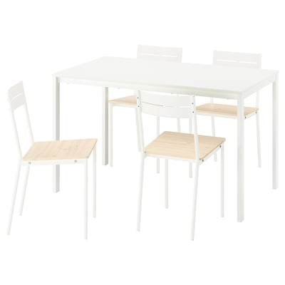 A white VIHALS dining set with a square table and four matching chairs, featuring clean minimalist design.