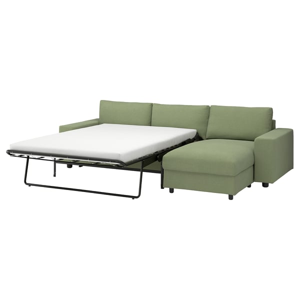 VIMLE 3-seat sofa-bed with chaise longue, with wide armrests/Mosshed grey-green