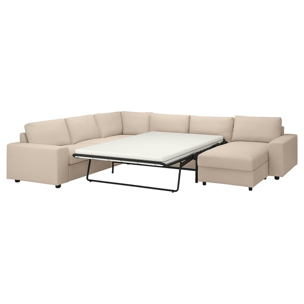 VIMLE Crnr sofa-bed, 5-seat w chaise lng, with wide armrests/Hallarp beige