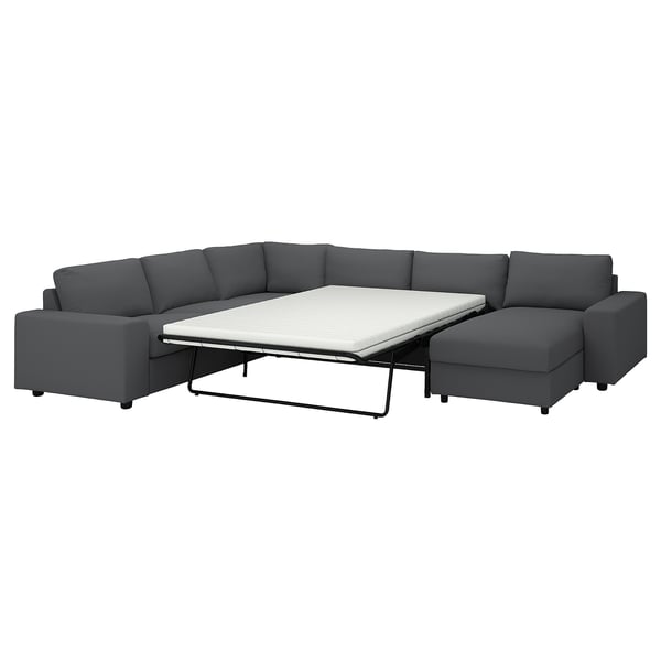 VIMLE Crnr sofa-bed, 5-seat w chaise lng, with wide armrests/Hallarp grey