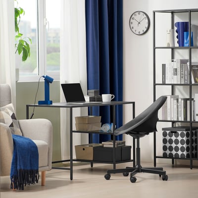 VITTSJÖ / ELDBERGET Desk and chair, black-brown/dark grey black