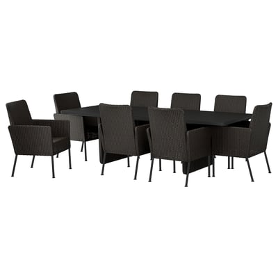 Black outdoor dining set with rectangular table and 8 wicker chairs.