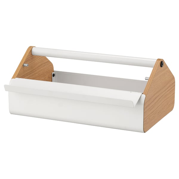 The YXSTABY is a white and light brown toolbox with a metal handle and wooden sides, designed for carrying tools or supplies efficiently.