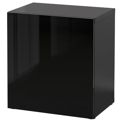 BESTÅ وحدة رف مع باب, أسود-بني/Selsviken أسود/لامع, 60x42x64 سم
