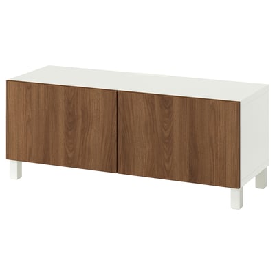 BESTÅ طاولة تلفزيون مع أبواب, أبيض Lappviken/Stubbarp/بني شكل خشب الجوز, 120x42x48 سم