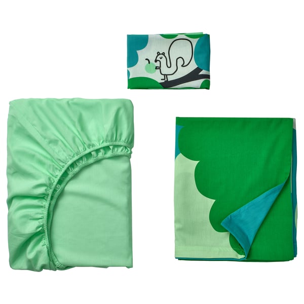GRÖNFINK طقم شرشف سرير لمهد 3 قطع, أخضر/تركواز, ‎60x120 سم‏