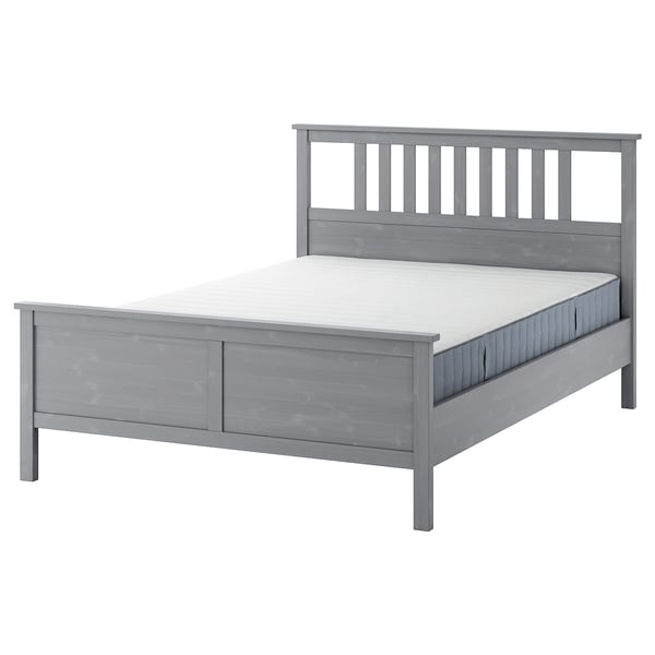 HEMNES هيكل سرير مع مرتبة, رمادي مصبوغ/Valevåg صلبة أكثر, ‎160x200 سم‏