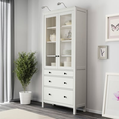 HEMNES خزانة بباب زجاجي مع 3 أدراج, أبيض, ‎90x197 سم‏