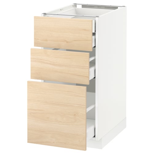 METOD / MAXIMERA خزانة قاعدة 3 واجهات/أدراج, أبيض/Askersund مظهر دردار فاتح, 40x60 سم