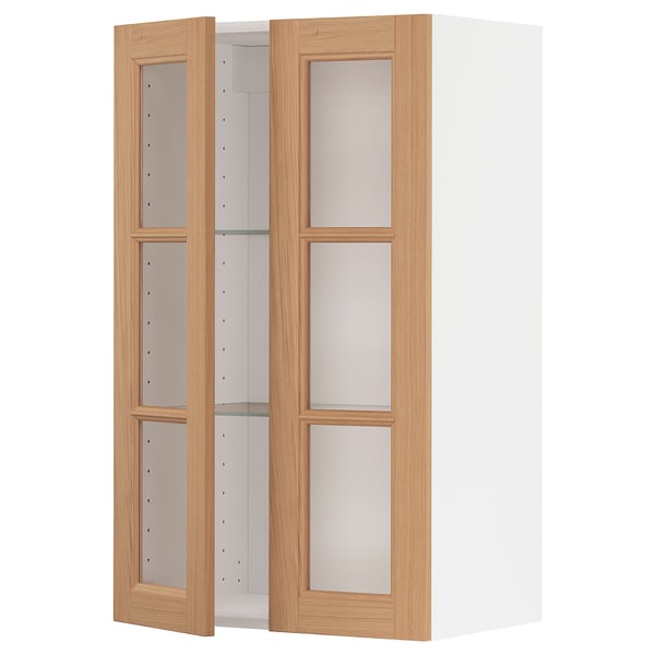 METOD خزانة حائط مع أرفف/بابين زجاجية, أبيض/Vedhamn سنديان, ‎60x100 سم‏