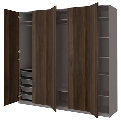 PAX / STORKLINTA تشكيلة دولاب ملابس., رمادي غامق/بني غامق مظهر سنديان مصبوغ, 250x60x236 سم