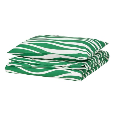 PORTLAKMÅLLA غطاء لحاف و غطاء مخدة, أخضر/أبيض, ‎150x200/50x80 سم‏