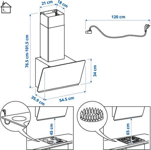 STACKBO شفاط روائح حائطي, IKEA 300 أسود, 55 سم