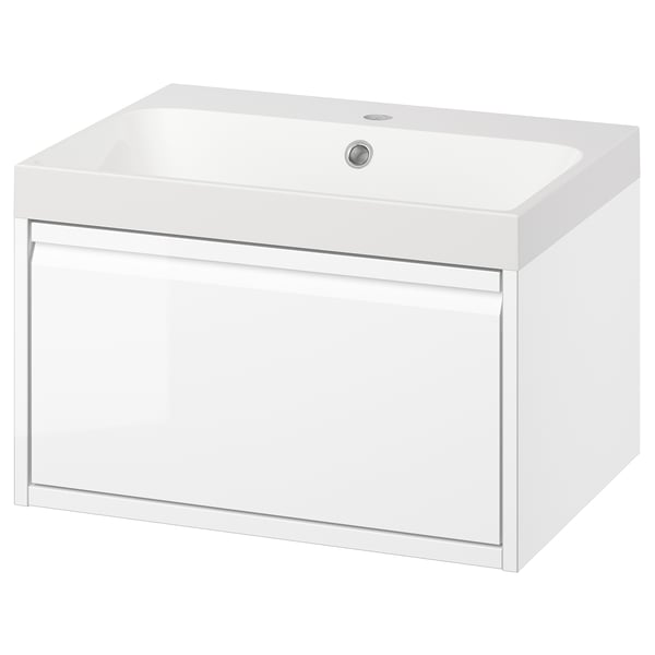 Modern white wall-mount sink cabinet with drawer, smooth finish, silver handles.