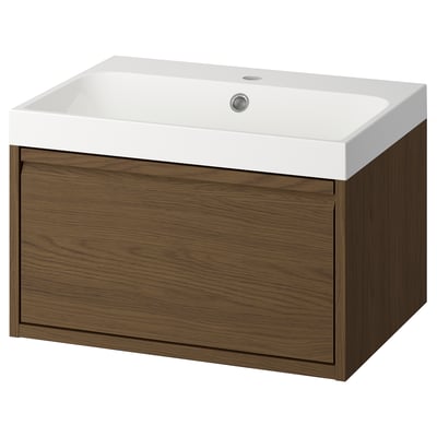 Modern brown oak bathroom cabinet ÄNGSJÖN with single drawer and white basin.