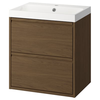 Modern bathroom vanity, ÄNGSJÖN, brown oak, wall-mounted, sleek minimalist design with integrated handles, includes crushed marble sink.