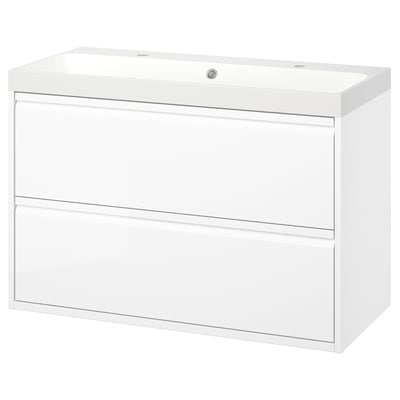 ÄNGSJÖN white bathroom cabinet, glossy, wall-mounted, multiple drawers, marble sink.