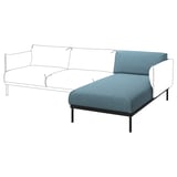 Blue fabric modern sofa with white arms & black legs.