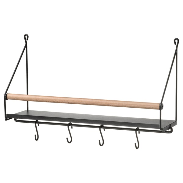 ÅKERBRUK: wall organiser, black metal & beech wood, shelf with hooks, traditional style.