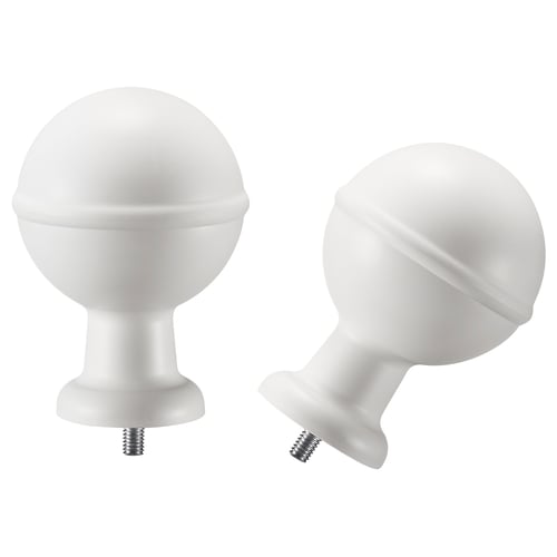 Pair of white spherical curtain rod finials, made of recycled polypropylene plastic.