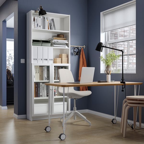 Home office with ANFALLARE bamboo desk & shelves, white.