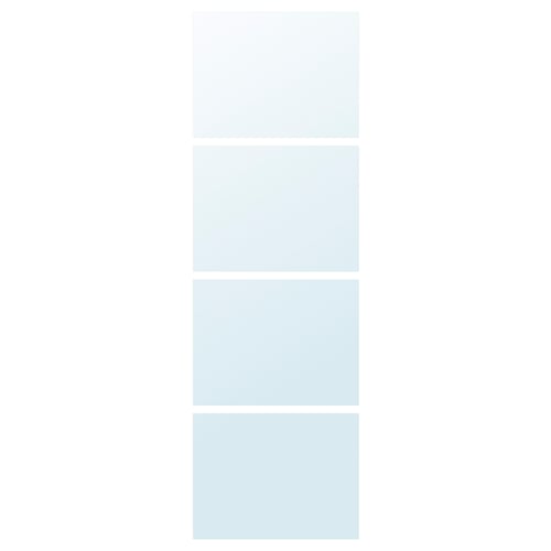 Light blue glass mirror panels, 4 vertical sliding doors, reflect light, safe film.
