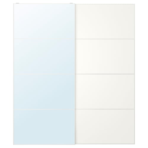 Sliding door design: one mirrored, one with dual-sided panels in white and light blue. Aluminium frames.