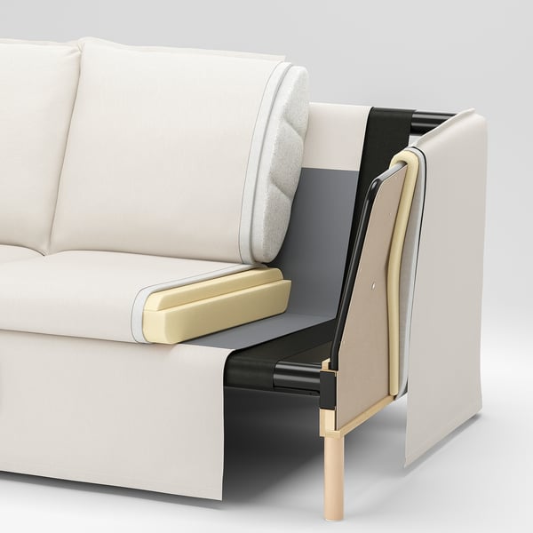 Modern white sofa with steel base, foam cushions, polyester & polyurethane.