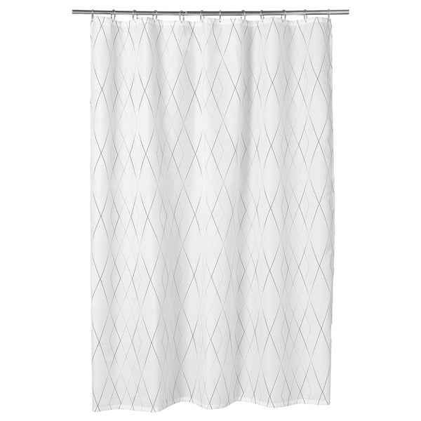 A white BASTSJÖN shower curtain with grey, geometric diamond patterns. Its made from recycled polyester and a water-repellent surface.