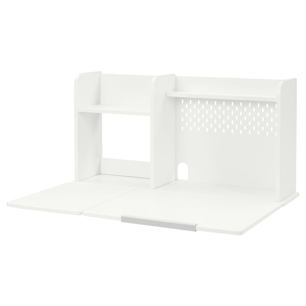 A white BERGLÄRKA desk organiser made of steel and fiberboard for efficient workspace storage.