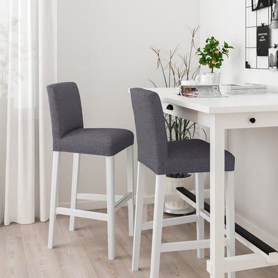 BERGMUND Bar stool with backrest, white/Gunnared medium grey, 75 cm