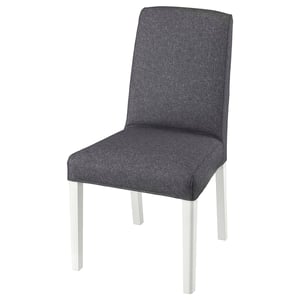 Modern BERGMUND chair, grey fabric, white legs, square shape, comfy & stylish.